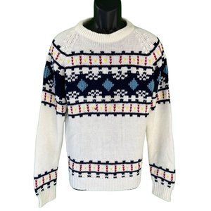 Vintage SKI Sweater, White, Blue, Red & Yellow Geometric Pattern Large